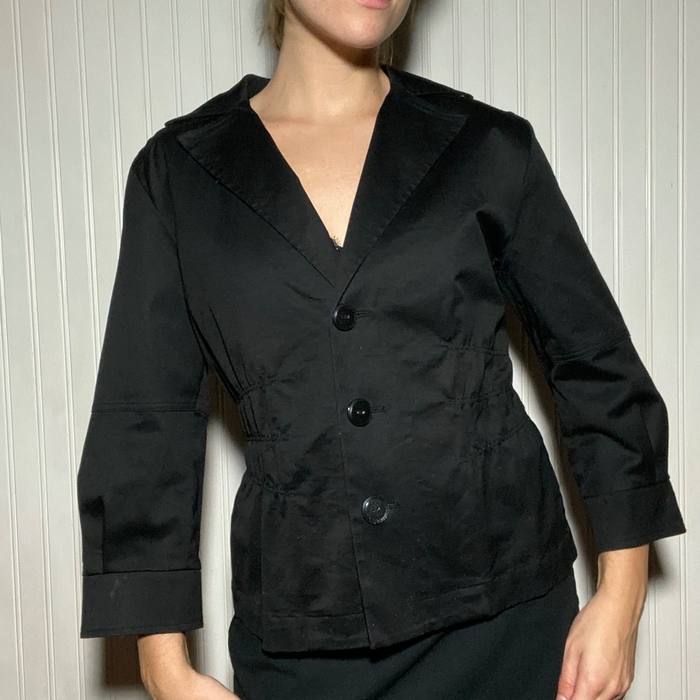 Sophisticated Minimalist Black Cinched Waist Blazer Jacket Professional Chic - M